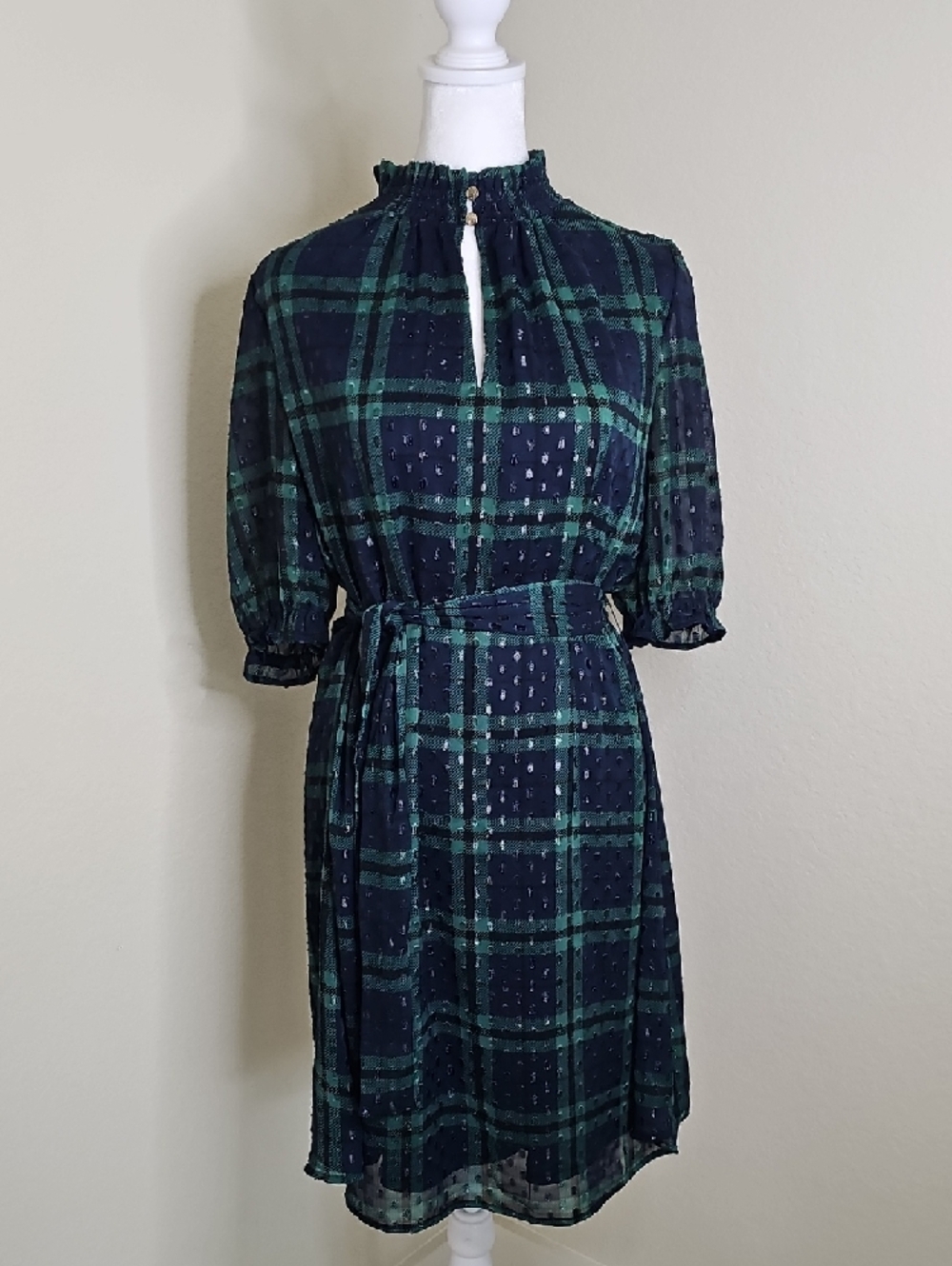 Tommy Hilfiger Navy & Green Plaid Tie-Waist Midi Dress Sz 8 / Medium
